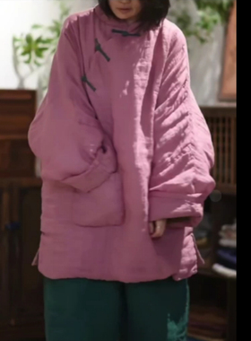 素年未央原创设计新款SN253色织亚麻中式复古偏襟盘扣中长小棉袍