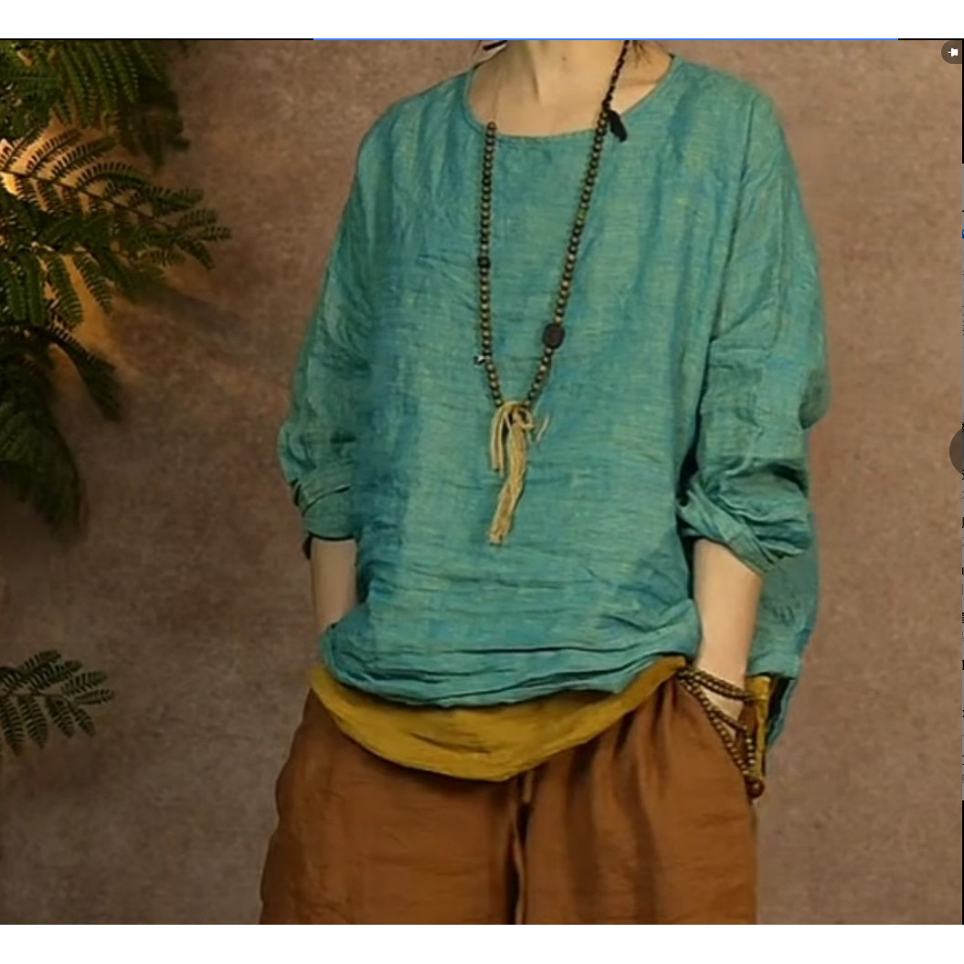 素年未央原创设计新款休闲SN298色织亚麻宽松圆领复古套头打底衫