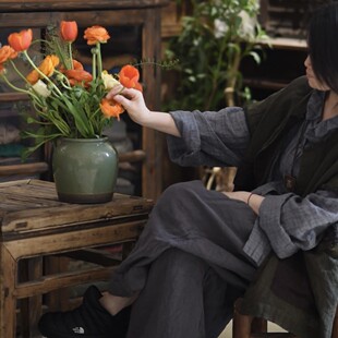 素年未央原创SN290宽松色织亚麻复古撞色圆领坎肩马甲开衫衬衫