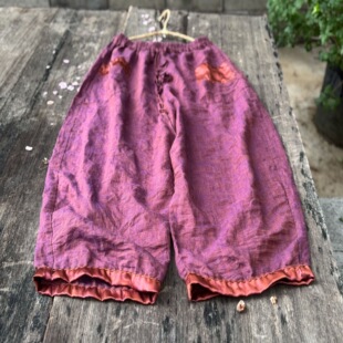 半城原创高品质色织亚麻松紧腰阔腿女长裤 做旧拼布手工缝线春秋款