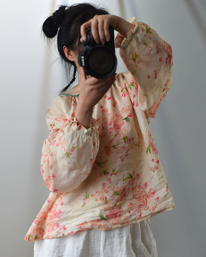 v领套头原创春夏新苎麻文艺小衫宽松灯笼袖复古休闲衬衫长袖女T恤