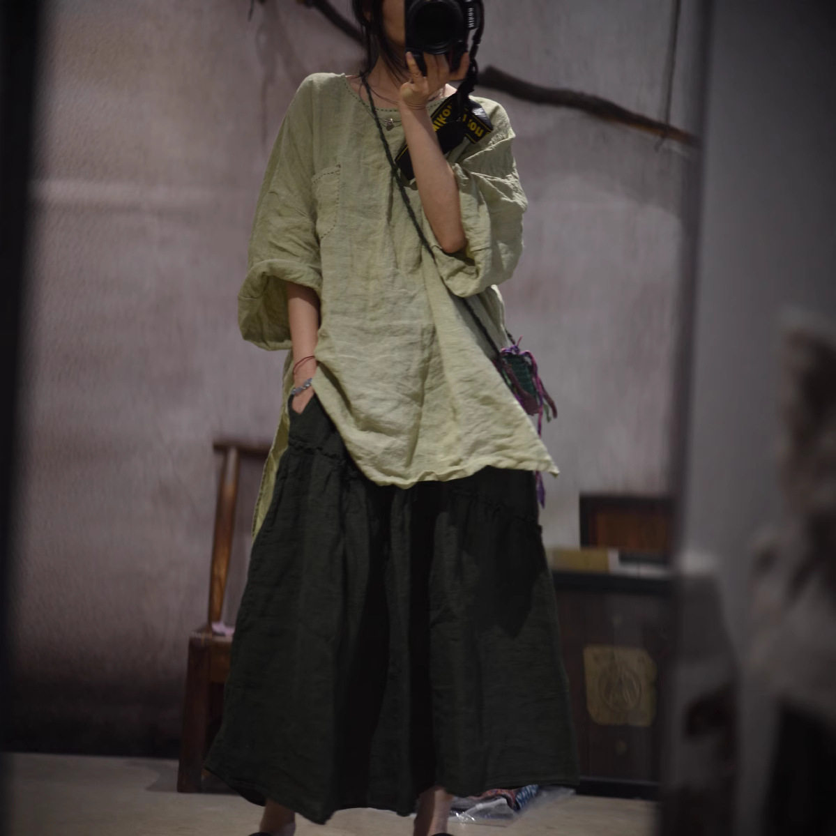 亚麻缝线套头宽松前短后长中长袍