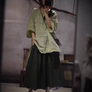 素年原创设计SN174新款 复古亚麻手工缝线套头宽松前短后长中长袍