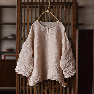 4331原创支轻薄苎麻手工缝线盘扣上衣中式 春夏宽松文艺圆领女衬衫