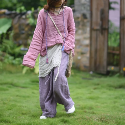 长袖亚麻文艺休闲套头衫