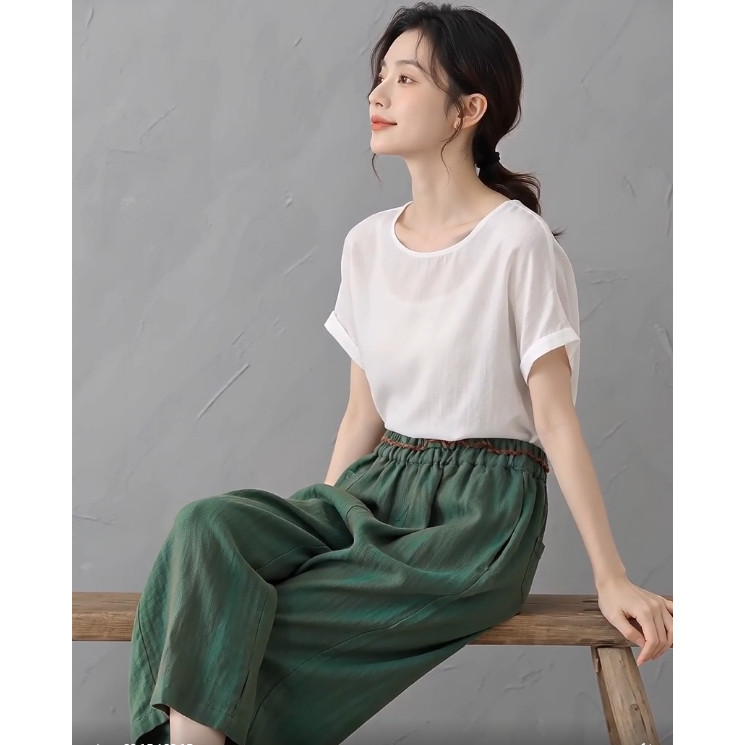 松紧腰原创色织亚麻百搭休闲长裤