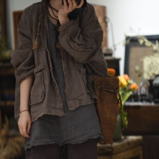 素年未央原创设计新宽松休闲SN291色织亚麻拼接毛边复古开衫外套