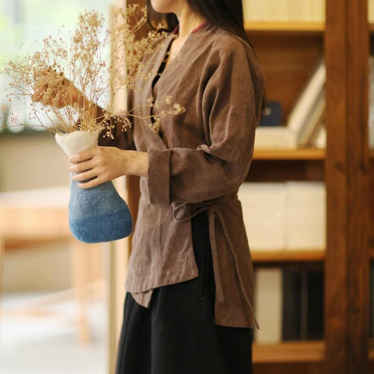 上衣亚麻咖色长袖v领茶服衬衫