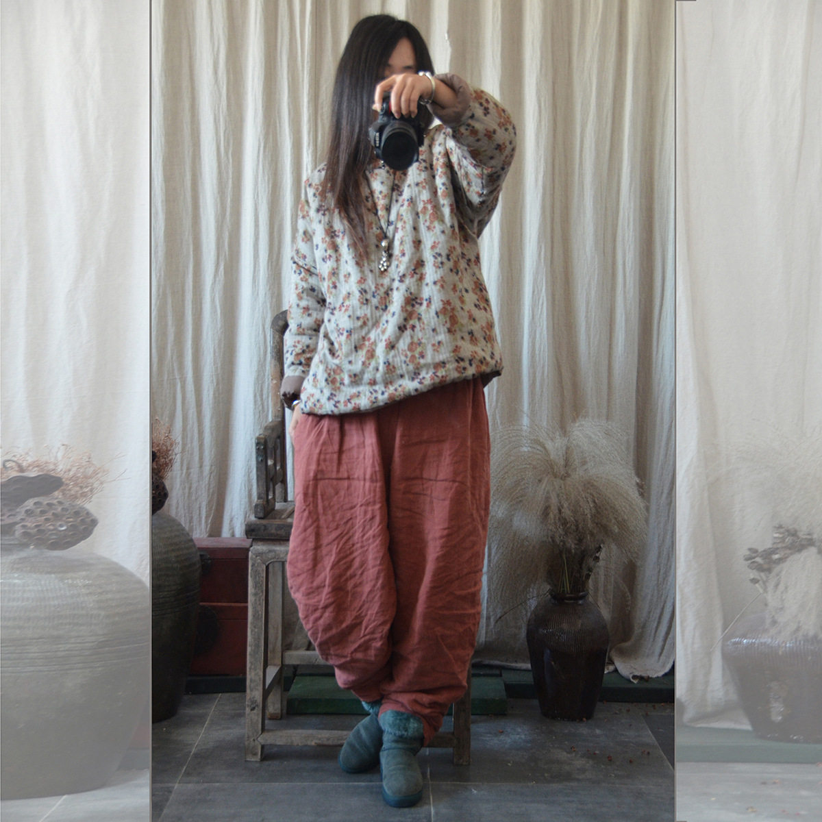 那年布语原创棉麻女装圆领小碎花棉袄休闲文艺夹棉上衣壹旧左岸风