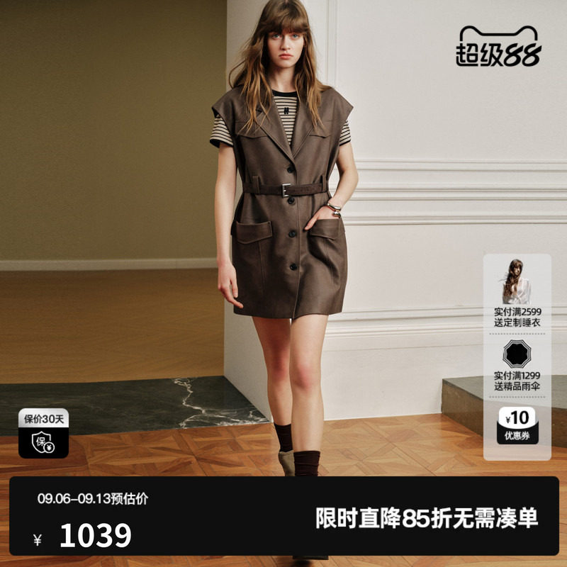 U/TI咖色翻领无袖连衣裙女腰带直筒简约风衣外套尤缇2026秋季新款