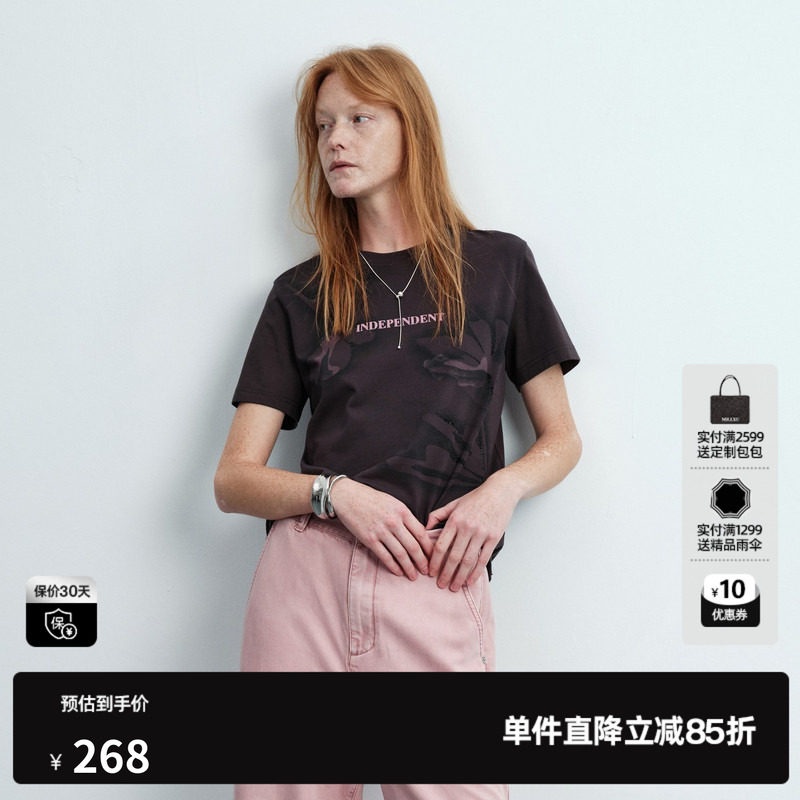 U/TI深灰色棉感短袖T恤女圆领印花正肩字母上衣 尤缇2026夏季新款