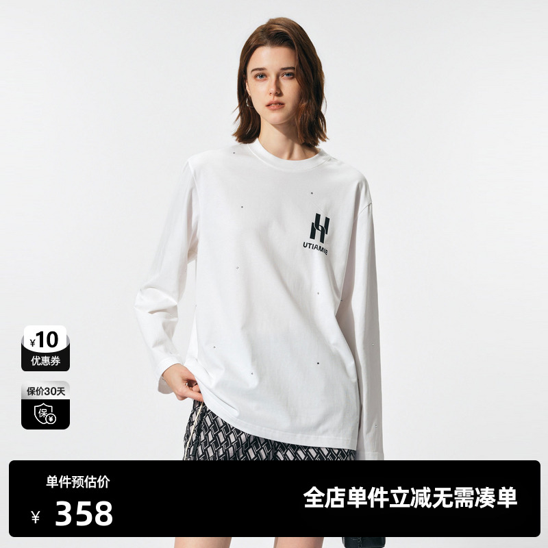 U/TI白色背部涂鸦纯棉T恤女装 百搭简约休闲长袖尤缇2025夏季新款