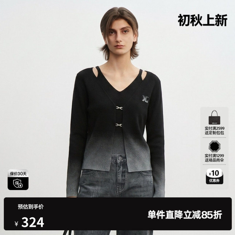 U/TI黑灰渐变假两件长袖针织女直筒休闲开衫外套尤缇2026秋季新款