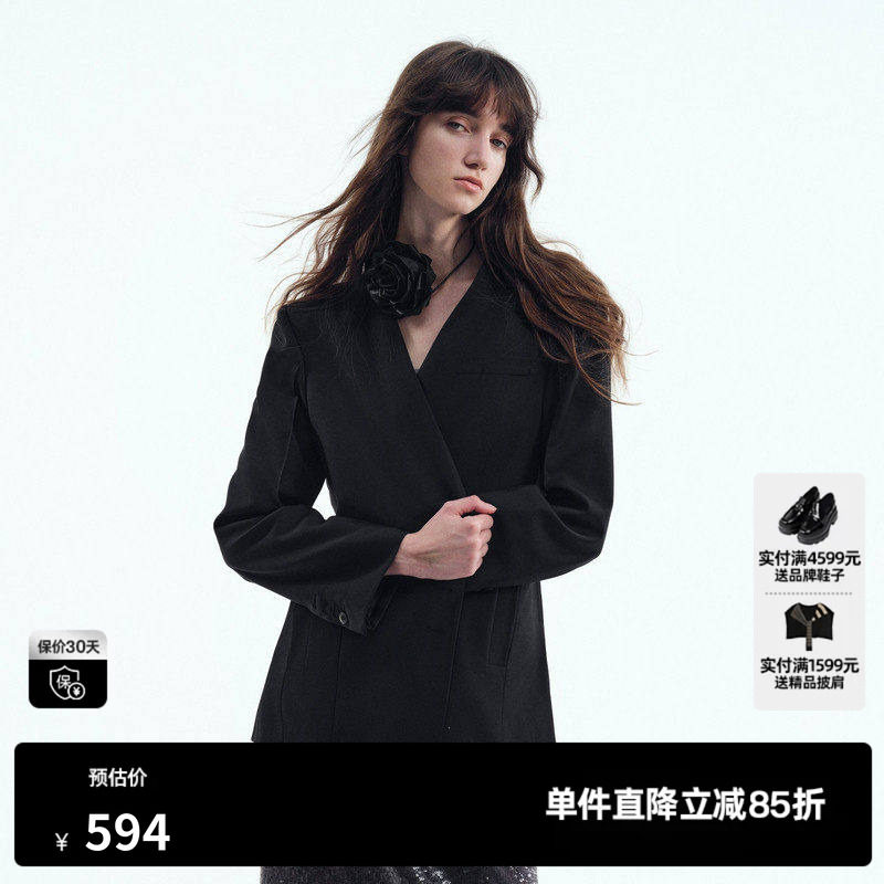 U/TI无领黑色西装外套女装设计感通勤风休闲上衣尤缇2025秋季新款