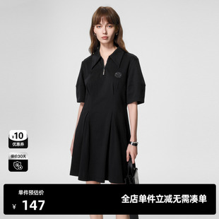 新款 夏季 TI黑色甜酷风Polo连衣裙女 正肩高腰抽褶A字裙尤缇时尚
