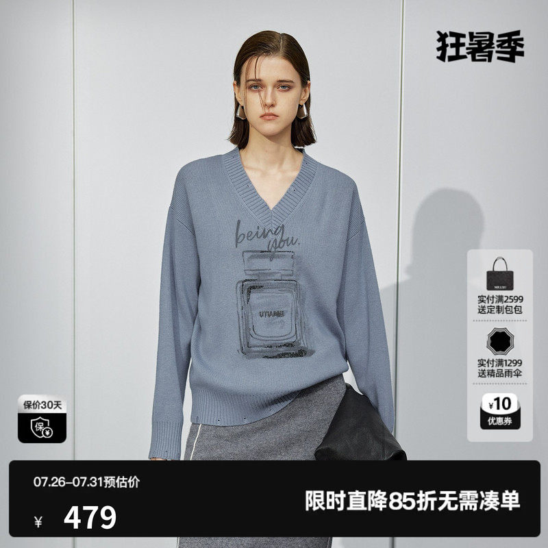 U/TI慵懒系香水毛衣女设计感提花绵套头毛衫尤缇2025秋季羊毛混纺