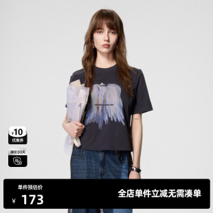 TI黑色小钻印花正肩T恤女 上衣尤缇时尚 设计感百搭短袖 夏季 新款
