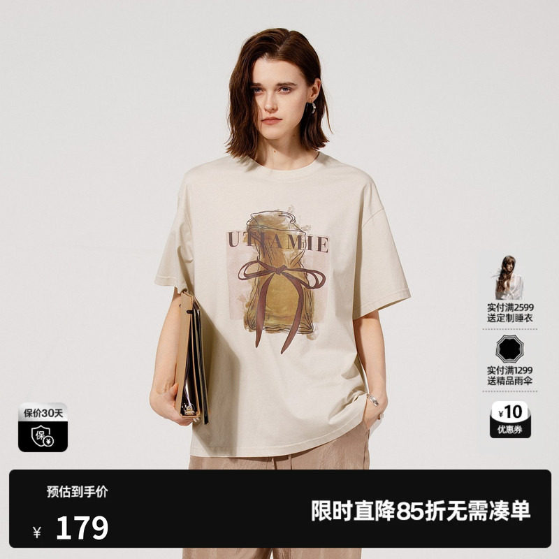 U/TI米咖趣味印花T恤女装 百搭简约落肩棉感短袖尤缇2025夏季新款图片