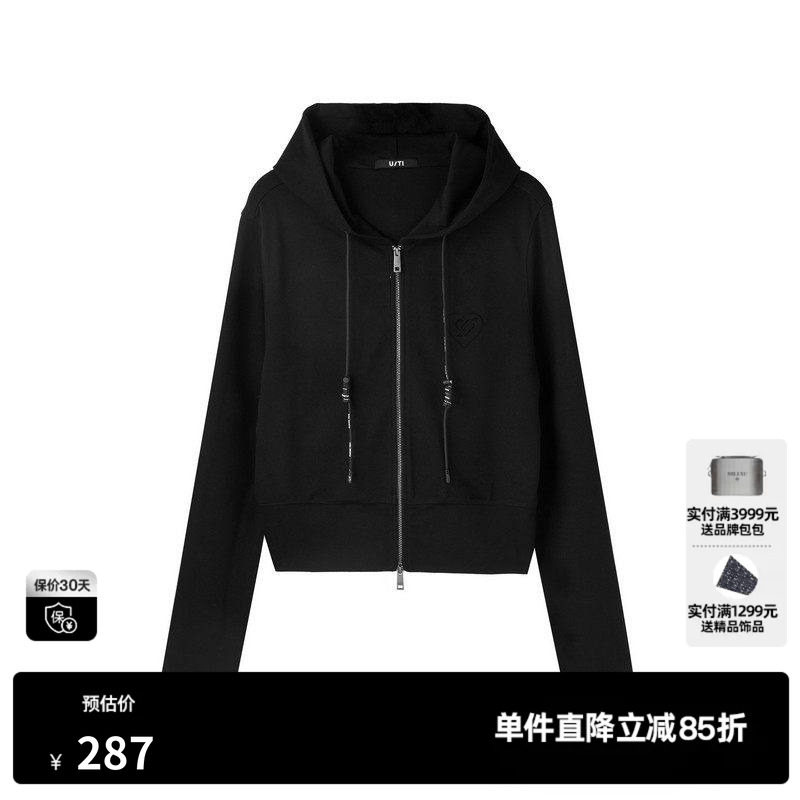 U/TI黑色双拉链运动风卫衣女装百搭休闲连帽外套尤缇2025春季新款
