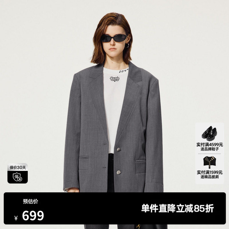 U/TI无领灰色西装外套女复古设计感通勤休闲上衣尤缇2025秋季新款