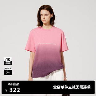 新款 上衣尤缇2025夏季 TI粉紫渐变棉质T恤女装 百搭宽松圆领短袖
