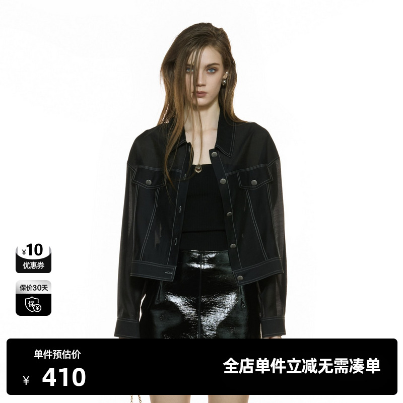 U/TI翻领黑色牛仔衬衫外套女装短款半袖休闲上衣尤缇2025秋季新款