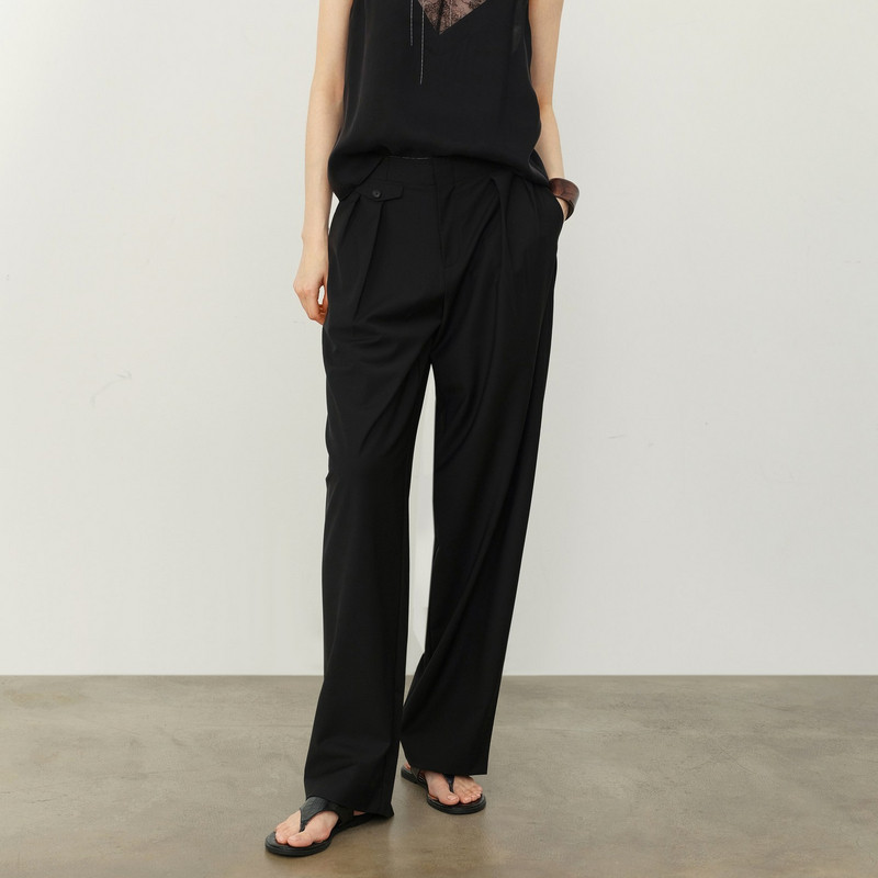 U/TI黑色羊毛混纺直筒休闲裤女阔腿翻盖西装长裤尤缇2026夏季新款