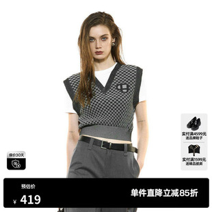 U/TI假两件V领黑白格纹针织衫女 学院风毛衫上衣尤缇2025秋季新款