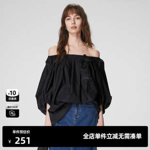 TI黑色一字肩花朵衬衫 设计感简约百搭上衣尤缇时尚 女装 夏季 新款