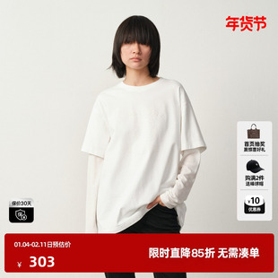 U/TI假两件印花长袖T恤女 简约宽松棉感休闲上衣尤缇2025冬季新款