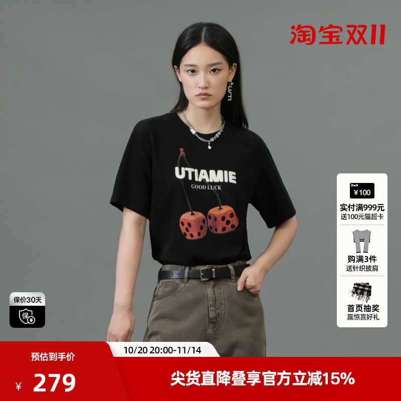 U/TI黑色骰子樱桃棉感T恤女装 百搭简约休闲短袖尤缇2025春季新款
