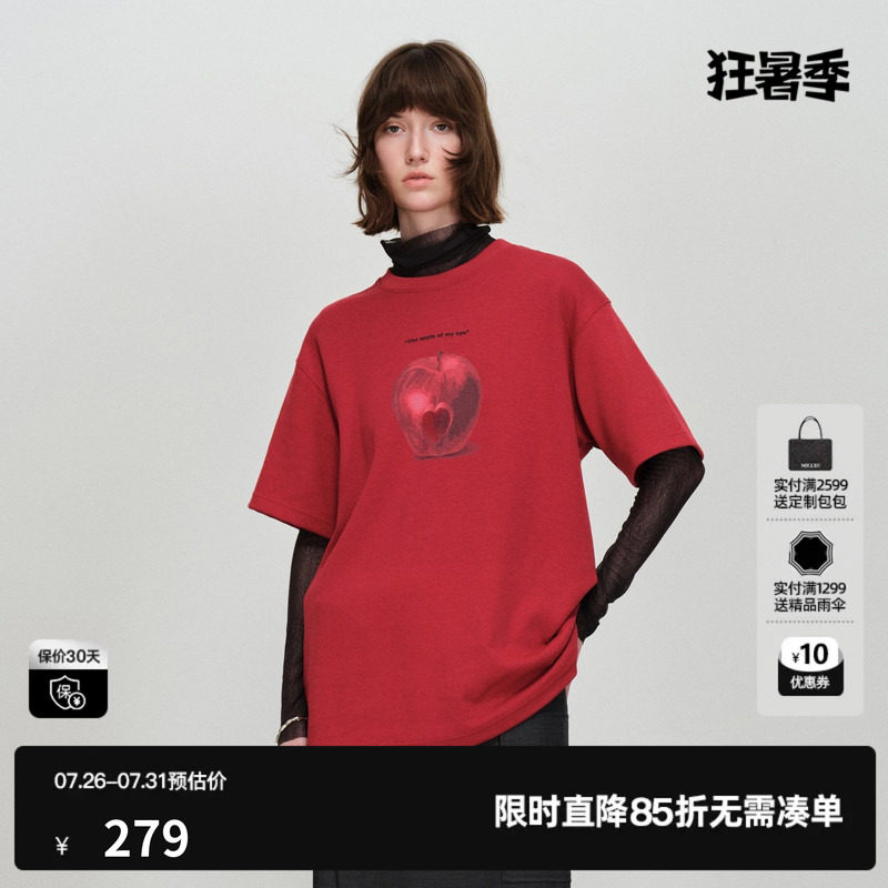 U/TI棉感短袖T恤女圆领直筒宽松大印花打底上衣尤缇2026春季新款
