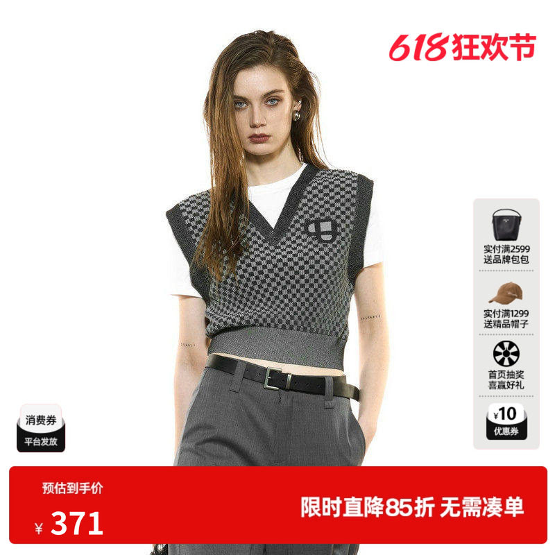 U/TI假两件V领黑白格纹针织衫女 学院风毛衫棉感尤缇2025秋季新款