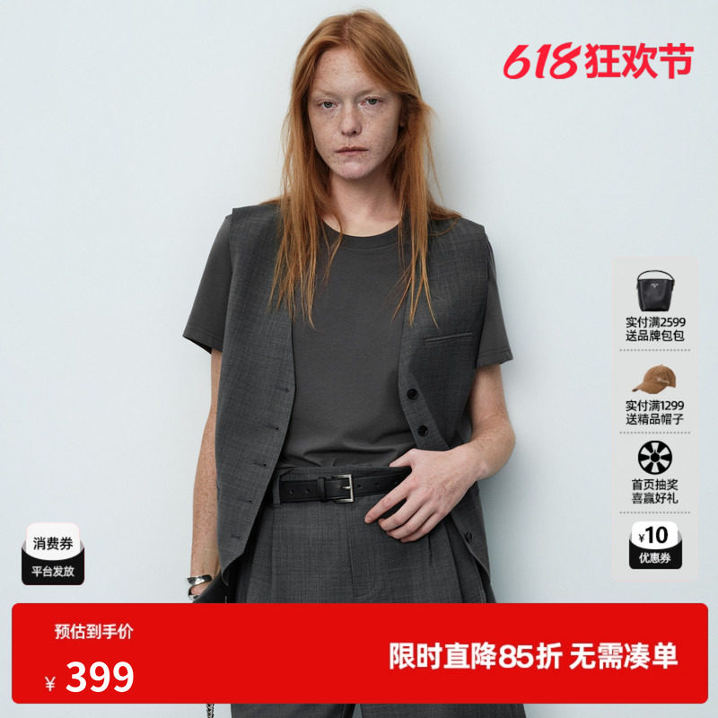 U/TI灰色棉感假两件上衣女圆领短袖T恤西装马甲 尤缇2026夏季新款