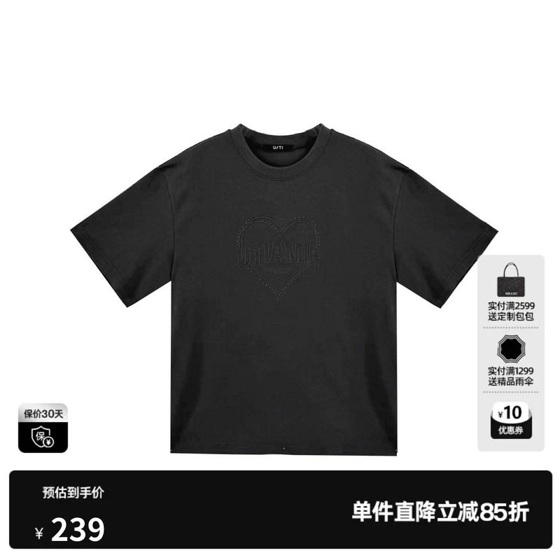U/TI 黑色100%棉短袖T恤女圆领直筒宽松中袖上衣尤缇2026春季新款