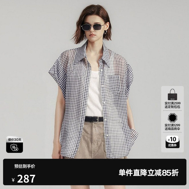 U/TI黑白格纹短袖衬衫女轻薄款微透宽松休闲罩衫尤缇2026夏季新款