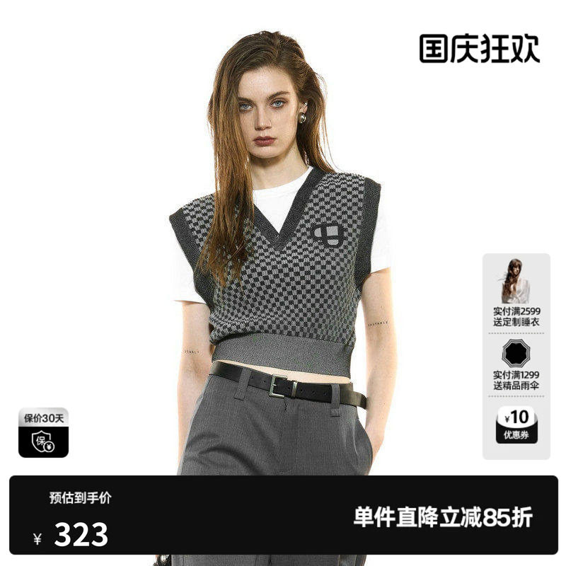 U/TI假两件V领黑白格纹针织衫女 学院风毛衫棉感尤缇2025秋季新款