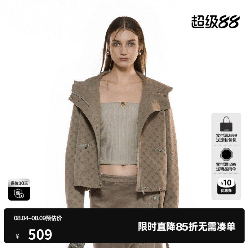 U/TI植绒满版短款风衣女装复古老花抽绳连帽外套尤缇2025秋季新款