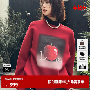 U/TI苹果落肩卫衣女正红色空气层料宽松休闲上衣尤缇2026春季新款