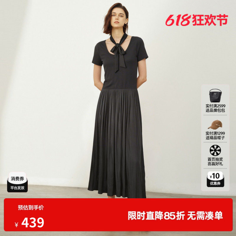 U/TI灰色拼接短袖连衣裙女绑带U领修身A字中长裙尤缇2026夏季新款
