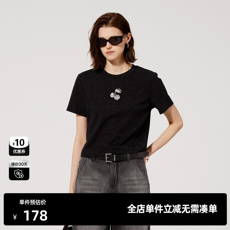 U/TI黑色水果印花短袖薄T恤女 休闲正肩短款上衣尤缇2025夏季新款