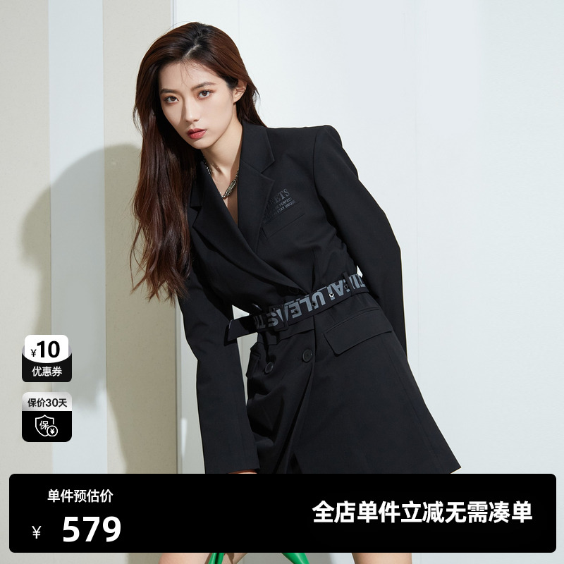 U/TI黑色率性西装连衣裙女时尚百搭通勤风休闲裙尤缇时尚春季新款