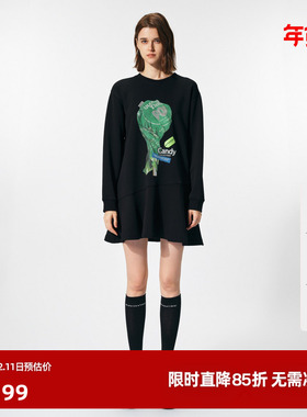 U/TI灰色糖果印花卫衣裙女 百搭空气棉复古A字裙尤缇时尚春季新款