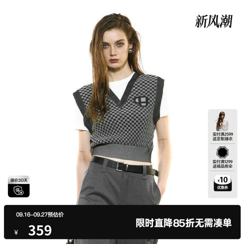 U/TI假两件V领黑白格纹针织衫女 学院风毛衫棉感尤缇2025秋季新款