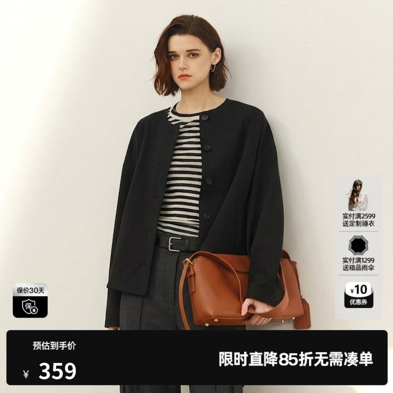 U/TI黑色圆领长袖薄款短外套女休闲直筒宽松上衣尤缇2026夏季新款