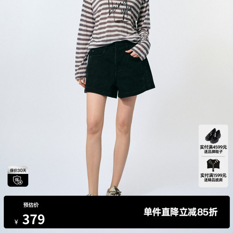 U/TI满印棉质牛仔短裤女复古磨白做旧高腰休闲裤尤缇2025夏季新款