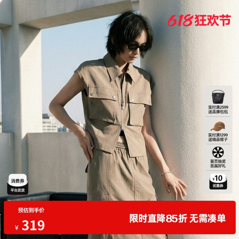U/TI卡其灰色纯棉翻领无袖马甲女工装风直筒马夹尤缇2026夏季新款