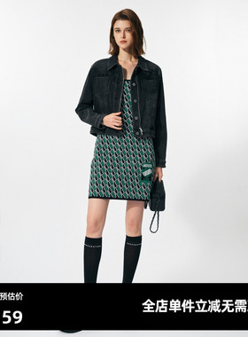 U/TI黑色棉感高腰牛仔外套女 百搭正肩短款上衣尤缇 2025春季新款