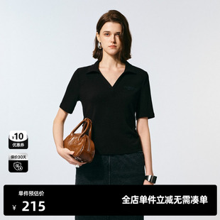 TI百搭V领POLO衫 螺纹弹力抽褶短袖 T恤女装 上衣尤缇2025夏季 新款
