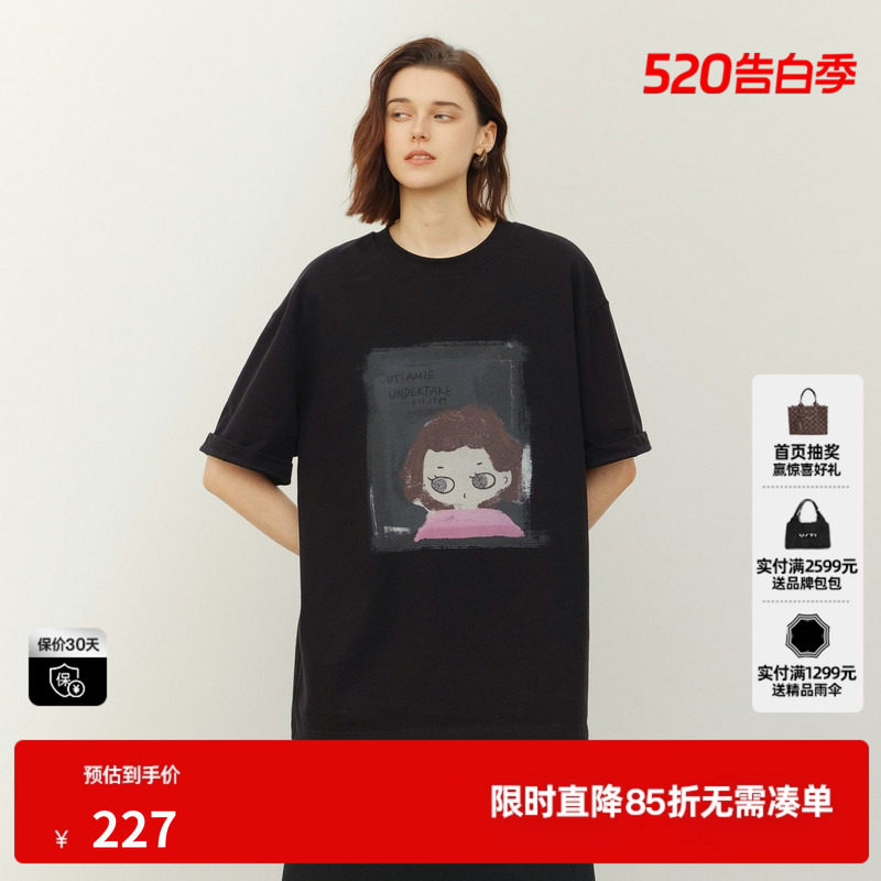 U/TI黑色纯棉小女孩印花短袖T恤女落肩宽松直筒 尤缇2026夏季新款